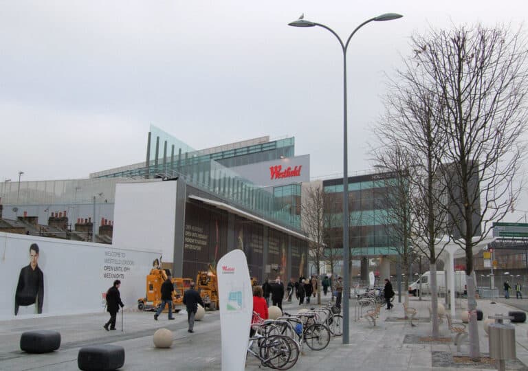 Modern glass and concrete building with courtyard, former BBC Television Centre