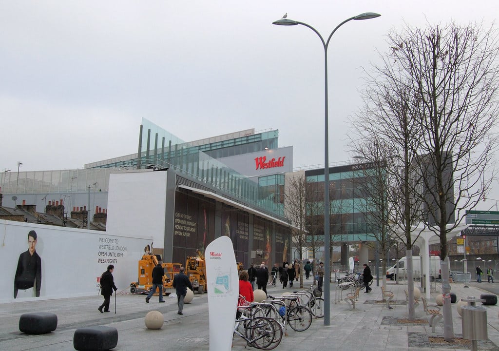 Modern glass and concrete building with courtyard, former BBC Television Centre