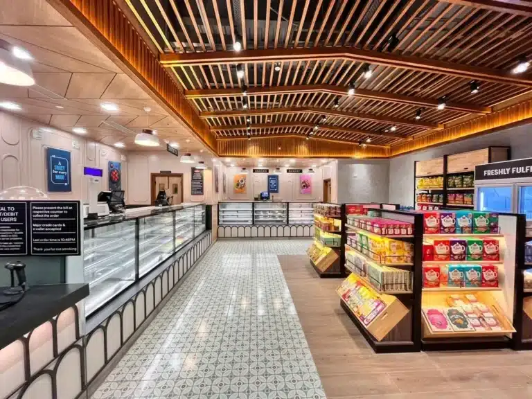 Bakery display counter with fresh bread and pastries