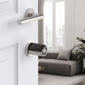 Smart passcode door lock mounted on an entrance door