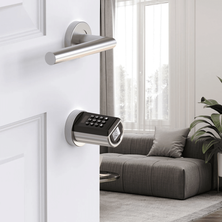 Smart passcode door lock mounted on an entrance door